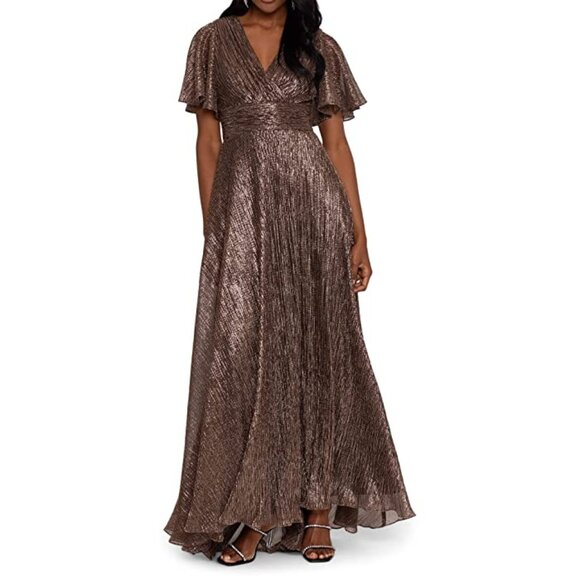 Betsy & Adam Short Sleeve Flutter Sleeve Shimmer Fit Flare Gown Bronze (NWT, 4) - Picture 1 of 2